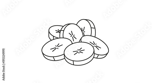 Hand-drawn illustration of sliced bananas in a pile, simple black and white line art