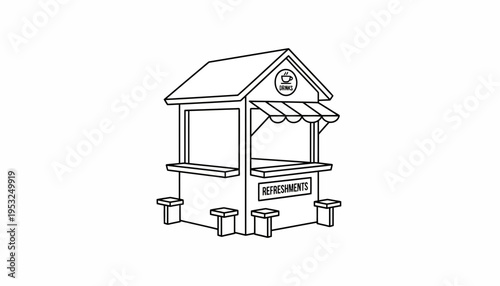 Hand-drawn sketch of a charming refreshment kiosk with stools and awning, isolated on white.