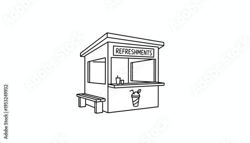 Hand-drawn sketch of a refreshment stand with a bench and drink icon.