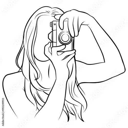 Woman Holding Camera Line Drawing.