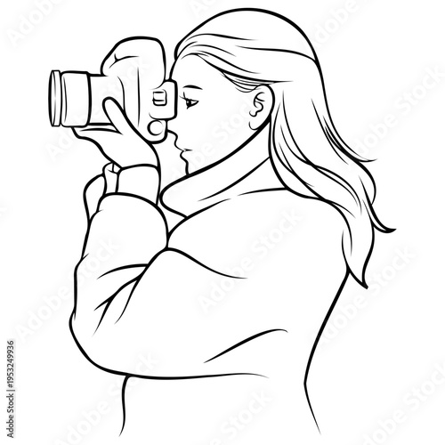 Woman Holding Camera Line Drawing.
