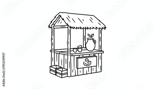 Hand-drawn sketch of a rustic market stall with thatched roof, serving drinks