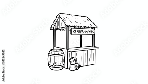 Hand-drawn sketch of a rustic refreshment stand with a barrel and mugs