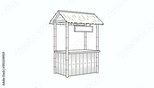 Hand-drawn sketch of a tropical bamboo market stall with thatched roof and sign