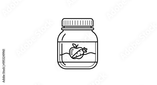 Healthy Baby Food Jar with Apple and Carrot Icon, Line Art Illustration