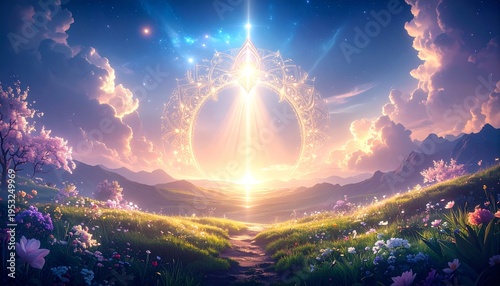 Plakat 光に満ちた幻想的なゲートが広がるファンタジー風景