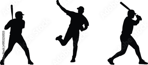 Baseball player silhouettes set featuring pitcher throwing ball, batter swinging bat, athlete standing with equipment, sports vector icons, professional competition,