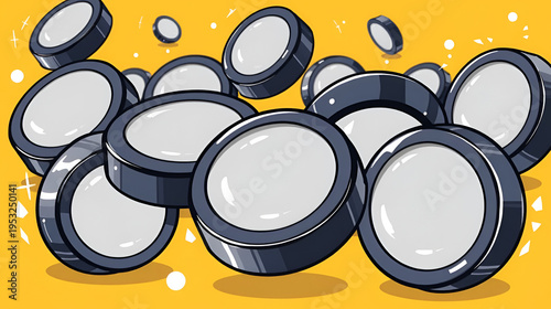 Dynamic illustration of multiple ice hockey pucks, some appearing to be in motion or tilted Vector