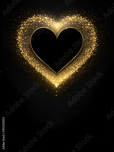 Big shining golden heart on black background. Design element, backdrop, frame, border, greeting card. Valentine's day, declaration of love, wedding.