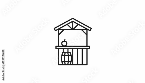 Farm Stand Icon: Apple and Barrel, Rustic Market Stall Outline