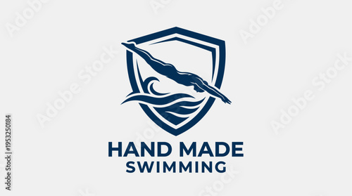 Swimmer Shield Logo Design with Modern Minimalist Swimming Emblem