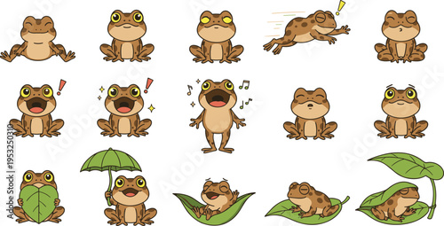Cartoon vector illustration of expressive frogs in multiple poses with emotions, leaves, and playful character design elements