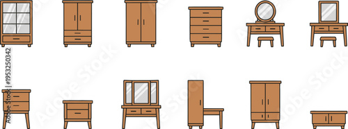 Cartoon vector illustration of twelve wooden furniture pieces including wardrobes, cabinets, vanity tables, nightstands, and storage units