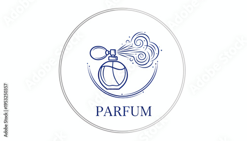 Elegant Parfum Bottle Spraying Fragrance Mist, Vintage Perfume Logo Concept