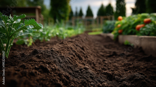 Wallpaper Mural Healthy organic vegetable garden bed with dark rich soil, young leafy greens and raised planters in soft evening light showing fertile loam and garden rows Torontodigital.ca