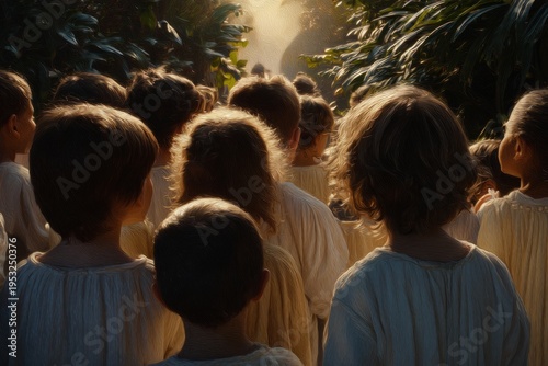 A group of diverse children gathered in a lush garden at dawn, wearing simple...