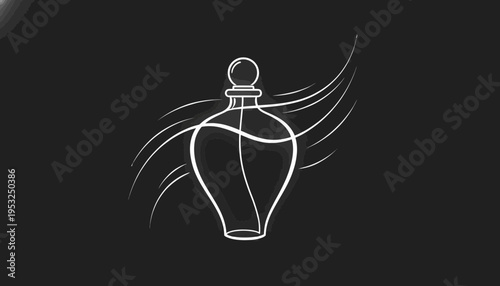 Elegant Perfume Bottle Illustration with Swirling Lines on Black Background