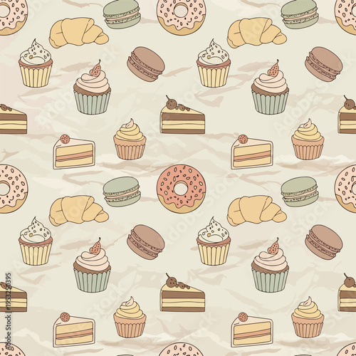 Seamless pattern of assorted sweet baked goods including cupcakes, donuts, cakes, and pastries on a light beige background with a subtle texture.