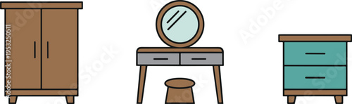 Vector illustration of modern bedroom furniture set including wardrobe, vanity table with mirror, stool, and chest of drawers