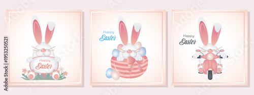 Festive Easter triptych illustration featuring a cute cartoon bunny in three joyful scenes.