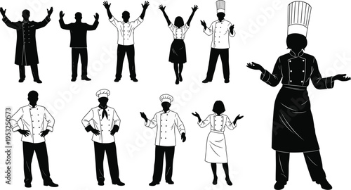 Chef silhouette vector set, professional cook character collection, male and female restaurant staff icons, culinary experts in uniform with hats, hospitality kitchen workers.