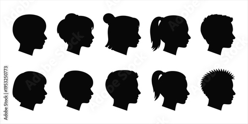 Diverse Black Silhouettes of Children's Heads in Profile on White Background vector illustration