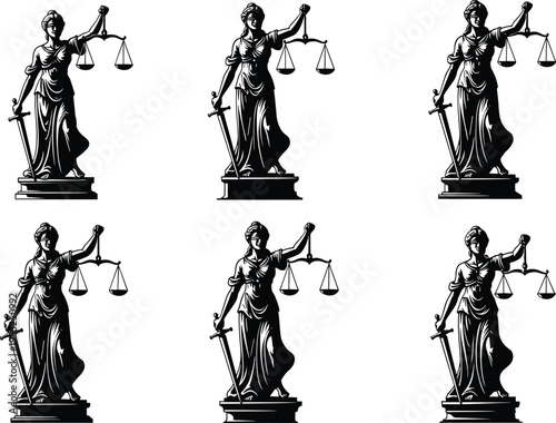 Lady Justice statues with sword and scales, blindfolded goddess of law, legal system vector set for attorney and courthouse design projects,