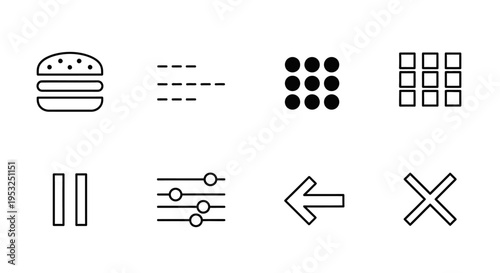 clean set of essential ui ux design icons for web and mobile interfaces representing menu navigation control and action functions.
