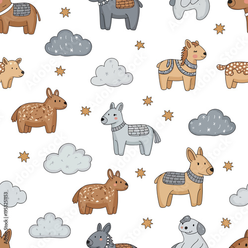 Whimsical illustration of various cartoon llamas and alpacas with clouds and stars on a white background in a playful pattern.
