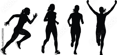 Running women silhouettes set featuring female athletes sprinting, jogging, and celebrating victory, sports fitness vector icons, active lifestyle marathon training,