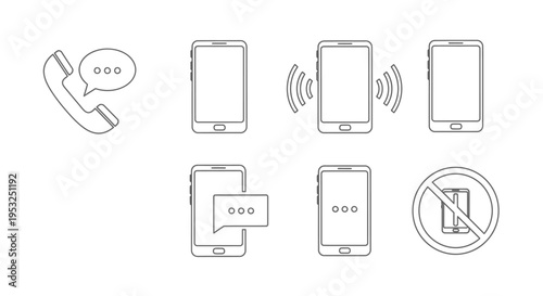 various mobile communication line icons illustrating phone calls text messages network signals and no phone use for ui ux design.