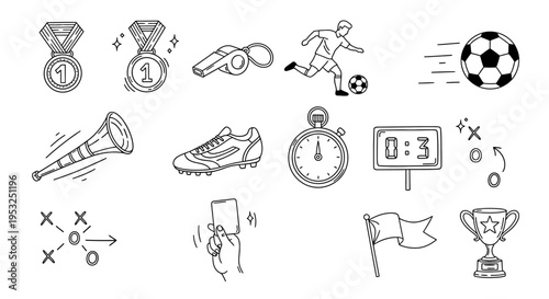 soccer doodle icons set illustrating game equipment player actions and match elements perfect for sports design