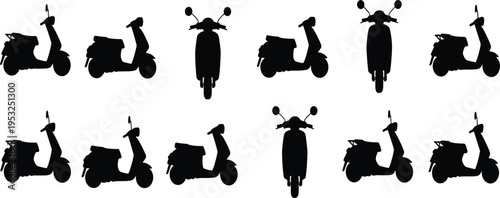 Multiple Black Silhouettes of Scooters from Various Angles on White Background moped motorcycle