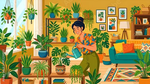 A serene woman nurtures her abundant collection of diverse houseplants in a sunlit, cozy living room, creating a vibrant green oasis