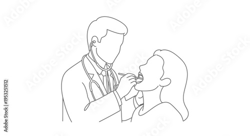 Doctor examining patient's throat with tongue depressor and otoscope, line art