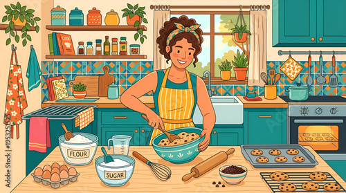 Happy woman baking cookies in a cozy kitchen with ingredients laid out on the counter