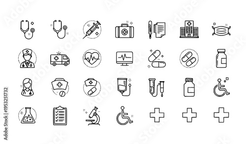 Healthcare Line Art Icon Set with Medical Equipment Hospital Services and Doctor Symbols Minimal Thin Outline Vector Collection on White Background