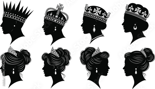 Set of elegant queen silhouettes with crowns and tiaras, royal princess profiles for luxury jewelry branding, wedding design and vector art,