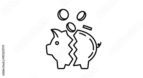 Broken Piggy Bank Icon with Falling Coins - Financial Crisis Concept