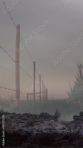 Vertical video: Camera pushing forward revealing barbed-wire fence and mist for cinematography