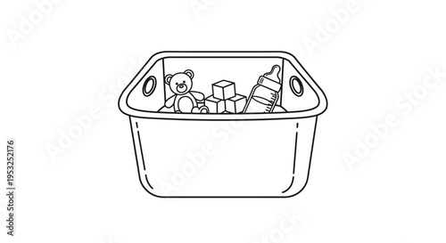 Baby Toy Box with Teddy Bear, Blocks, and Bottle - Line Art Illustration