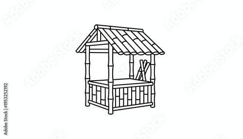 Bamboo Hut Structure with Tiled Roof, Traditional Asian Architecture, Outdoor Shelter