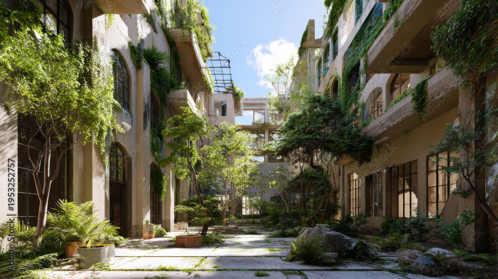 Fototapeta premium Lush courtyard green plant sunlight abandoned building overgrown peaceful serene nature