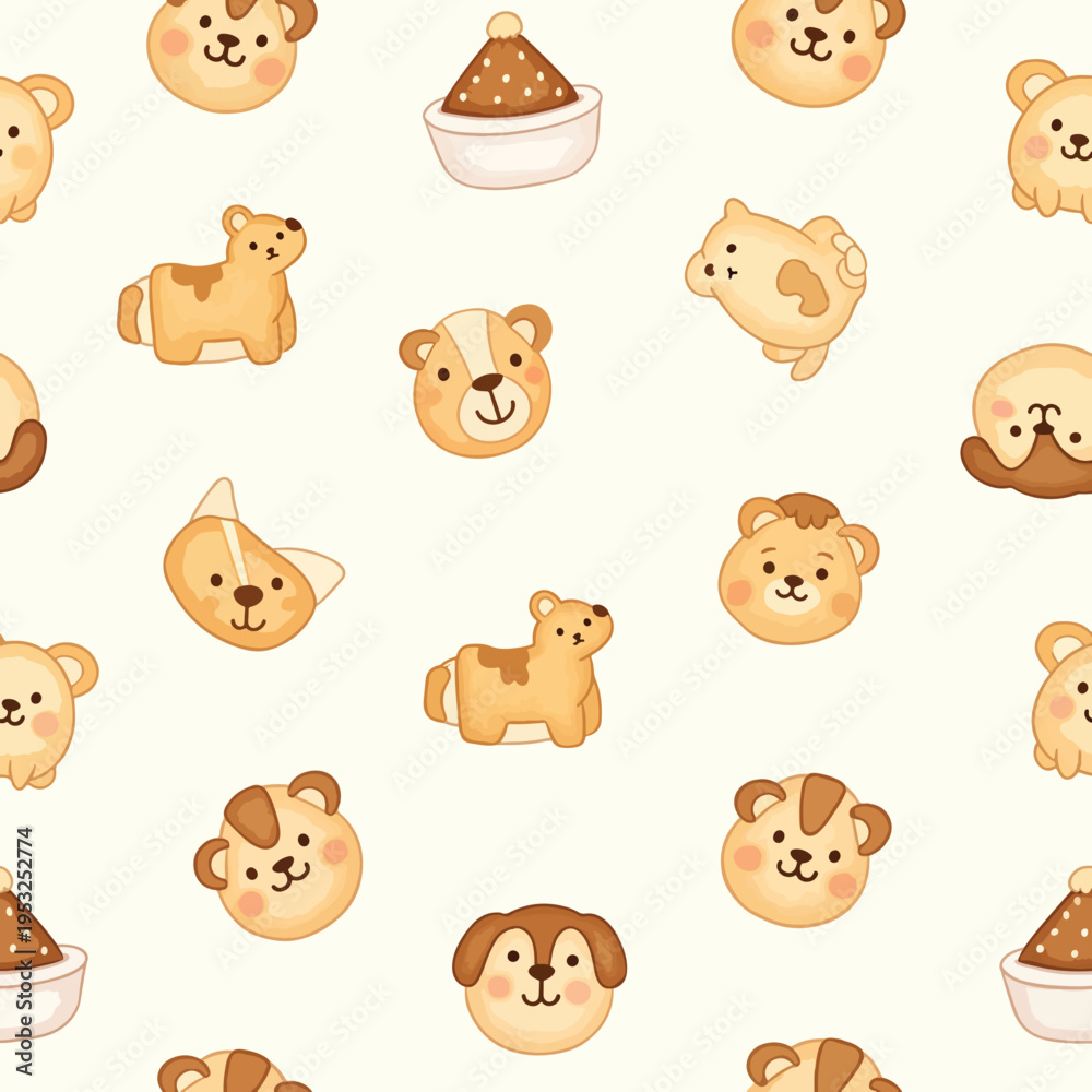 Obraz premium Digital illustration of a repeating pattern featuring cartoon bears and dogs with bowls of food on a cream-colored background with a playful and whimsical mood.