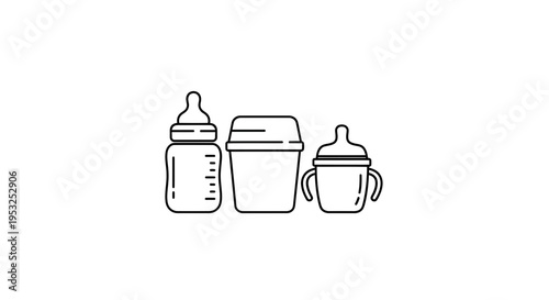 Baby feeding bottles and sippy cup icon set, line art, simple vector illustration