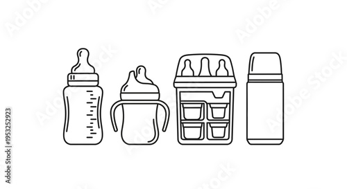 Baby feeding essentials: bottle, sippy cup, sterilizer, and thermos icon set