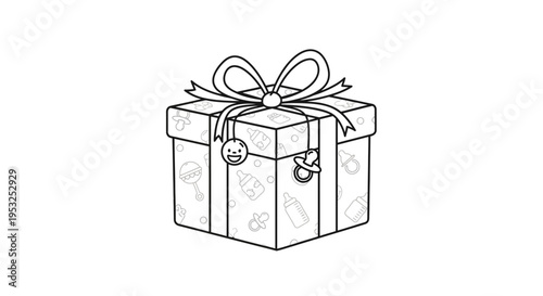 Baby Gift Box Outline with Pacifier and Rattle Charm, Baby Shower Present Icon