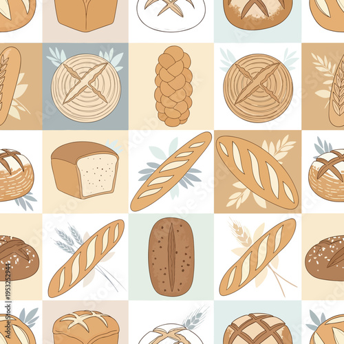 Collage of various types of bread on a grid of colored squares with a warm and inviting mood.
