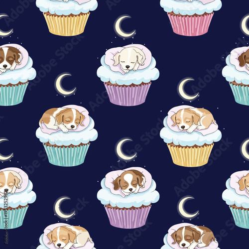 Whimsical pattern of sleeping puppies nestled in colorful cupcakes with moons on a dark blue background, featuring pastel hues and a dreamy atmosphere.