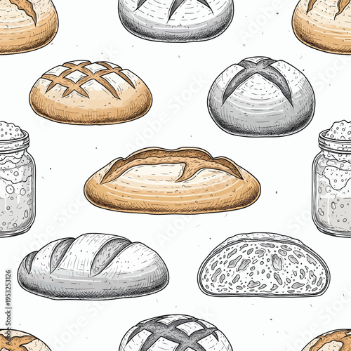 Illustration of various types of bread and jars on a white background in a flat lay composition with a mix of grayscale and brown colors.